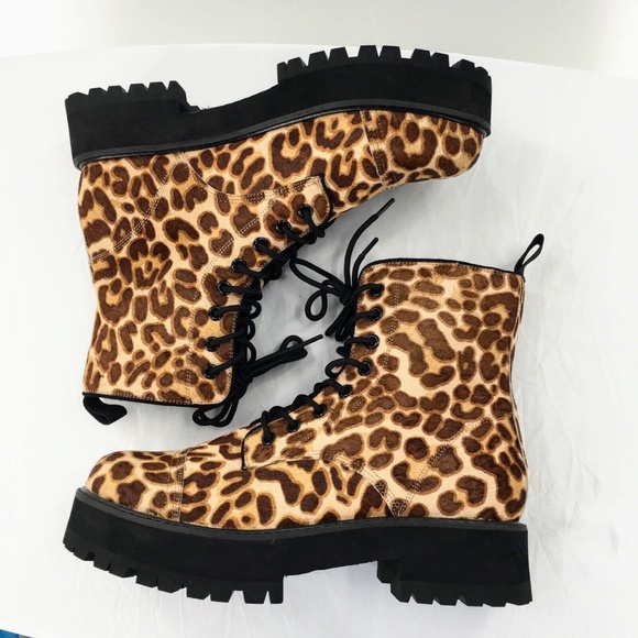 Farylrobin Womens Combat Boot Brown Calf Hair Leopard Print Platform Boot Sz 10 - Picture 5 of 11